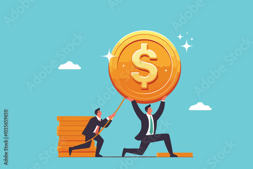 Businessman and colleagues trying to raise basic gold coins to the top of the pile