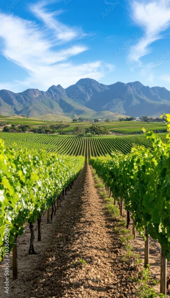 Obraz premium A picturesque vineyard with lush green vines stretching towards majestic mountains under a clear blue sky.