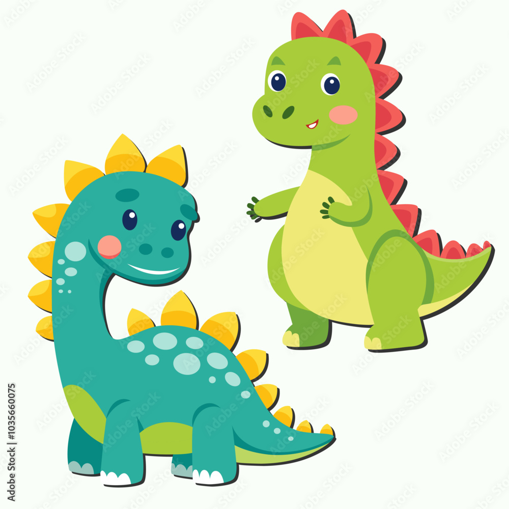 Fototapeta premium Two Cute Flat Vector Dinosaurs