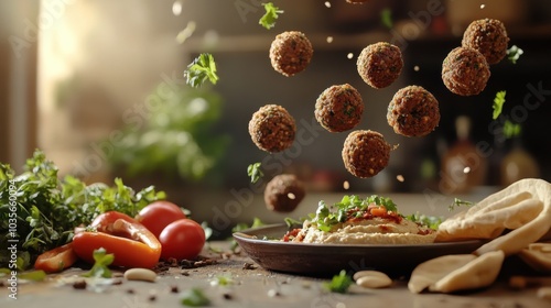 Flying falling falafel balls with pita bread, hummus, and fresh vegetables, representing Middle Eastern cuisine and its rich, flavorful ingredients, set against a warm, rustic background. photo