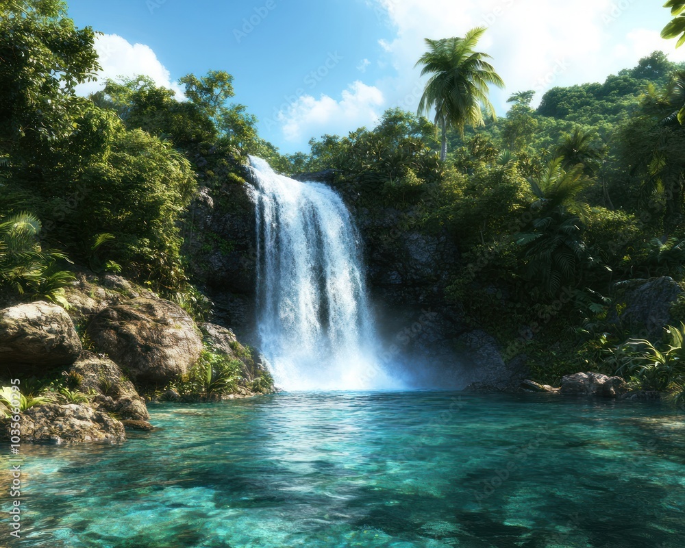 A tranquil waterfall cascading into a crystal-clear pool, surrounded by lush greenery under a bright, sunny sky.