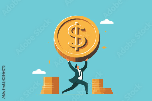 a strong businessman lifts a gold coin among a pile of coins