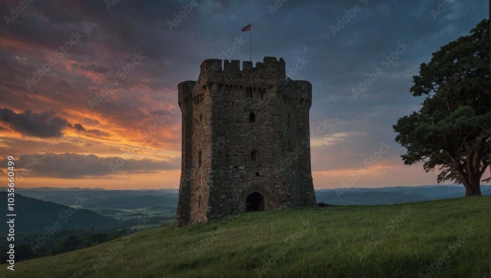 An archer tower by the river reflects the beauty of nature An archer tower by the river reflects the beauty of nature