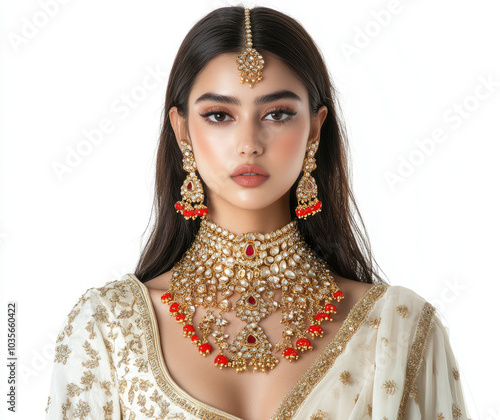 An Indian model wearing an exquisite white lehenga and gold jewelry, featuring elegant long necklaces with red gemstones photo