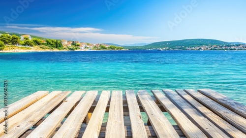 A cozy wooden table with a breathtaking view of the sea, island, and blue sky, creating a tranquil and relaxing vacation vibe.