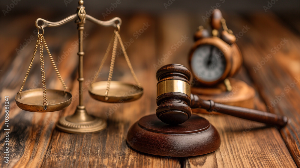 Justice scales, judge's hammer and clock on a wooden surface Justice scales, judge's hammer and clock on a wooden surface