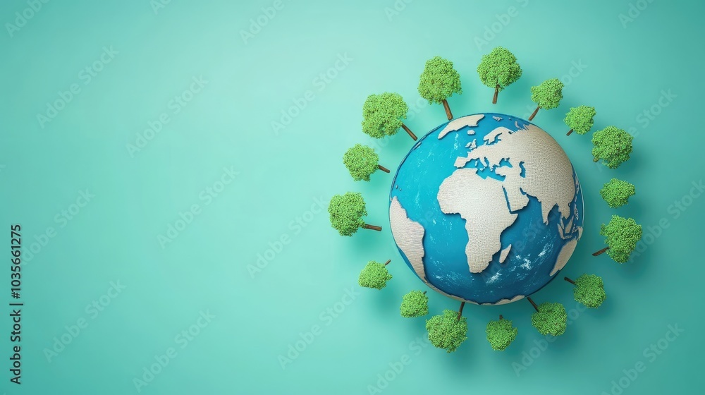 A green globe surrounded by clean, natural elements like trees and water, symbolizing Earth conservation and environmental awareness. A green globe surrounded by clean, natural elements like trees and water, symbolizing Earth conservation and environmental awareness.