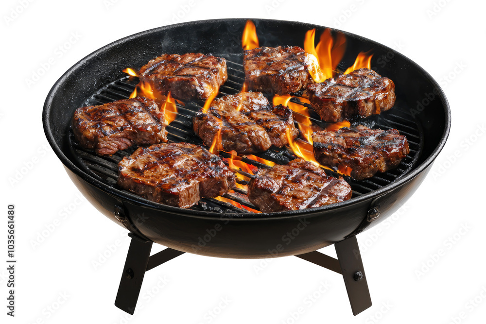 A grill filled with sizzling steaks and vibrant flames, set against a white background. A grill filled with sizzling steaks and vibrant flames, set against a white background.