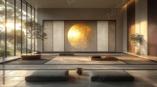 contemporary artistic rendering of a japanese ukiyoe folding screen displaying abstract patterns in white black and gold radiating elegance and calmness