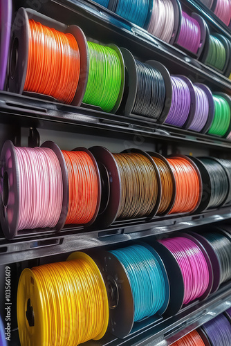 Many Multicolored spools for 3D printer, assortment of plastic filaments.