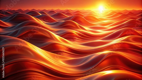 Abstract Landscape of Wavy, Orange, Golden, and Red Hues, Glowing with a Sunburst in the Distant Horizon