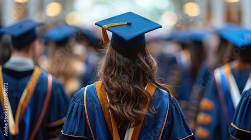 Back view of female student with university graduates crowded in gowns and caps on the graduation ceremony , Generative Ai 