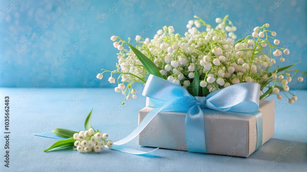 A Delicate Bouquet of Lily of the Valley Resting on a Gift Box Wrapped in a Light Blue Ribbon A Delicate Bouquet of Lily of the Valley Resting on a Gift Box Wrapped in a Light Blue Ribbon