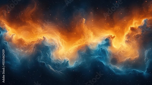 cosmic cloudscape filled with mesmerizing orange and blue hues swirling together in a celestial dance creating an ethereal atmosphere that captures the wonder of the universe