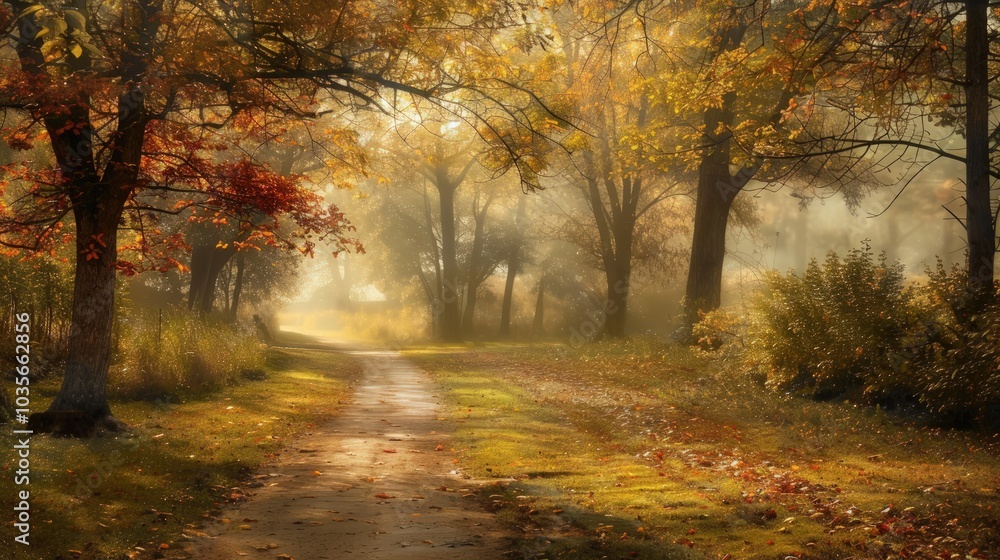 Autumnal Path through a Misty Forest Autumnal Path through a Misty Forest