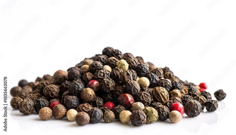 Black pepper - Piper nigrum - is cultivated for its fruit the peppercorn, which is usually dried and used as a spice and seasoning. Isolated on white background with copy space Black pepper - Piper nigrum - is cultivated for its fruit the peppercorn, which is usually dried and used as a spice and seasoning. Isolated on white background with copy space