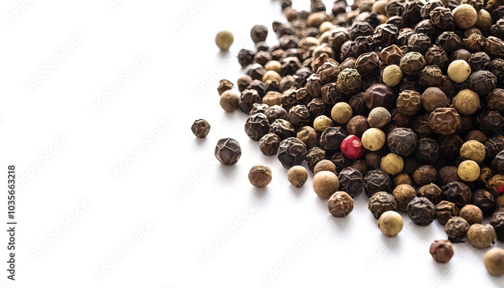 Black pepper - Piper nigrum - is cultivated for its fruit the peppercorn, which is usually dried and used as a spice and seasoning. Isolated on white background with copy space Black pepper - Piper nigrum - is cultivated for its fruit the peppercorn, which is usually dried and used as a spice and seasoning. Isolated on white background with copy space