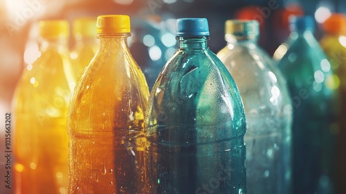 Colorful array of plastic bottles illuminated by soft, warm light, showcasing environmental concerns and recycling challenges in modern consumer society.