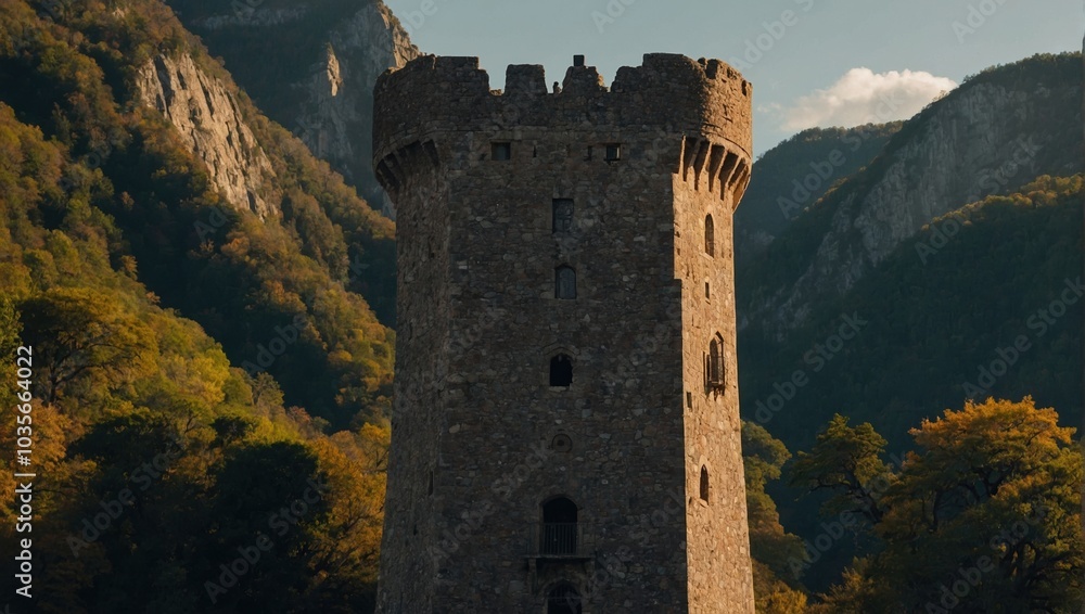 An elegant archer tower illuminated by the morning sun creates a magical atmosphere An elegant archer tower illuminated by the morning sun creates a magical atmosphere