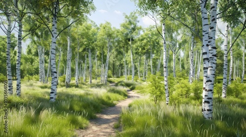 Sunlit Path Through a Birch Tree Forest