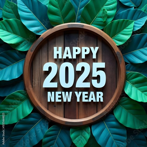 A wreath with a wooden frame that says Happy New Year 2025