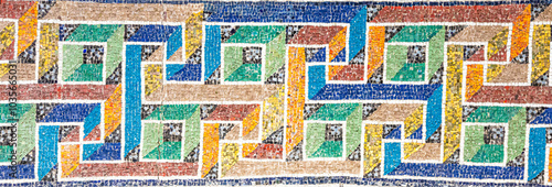 Marble mosaic decoration. Detail and colors in this photography, no people, geometric pattern.