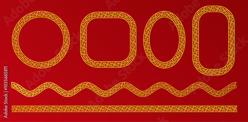 Collection of Chinese New Year frames. Set of gold borders in the shape of square, wave, circle and oval isolated on a red background. Vector design element of rope brush.
