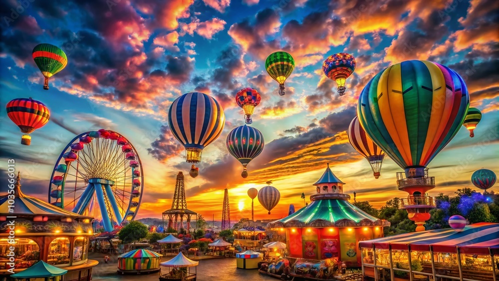 Fototapeta premium Colorful Balloons Floating Above a Vibrant Funfair Event with Carnival Lights in High Dynamic Range