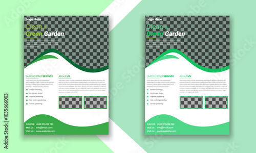 Flyer design template for lawn and gardening services. Design of a poster leaflet for gardening and tree services. Template for lawnmower flyers