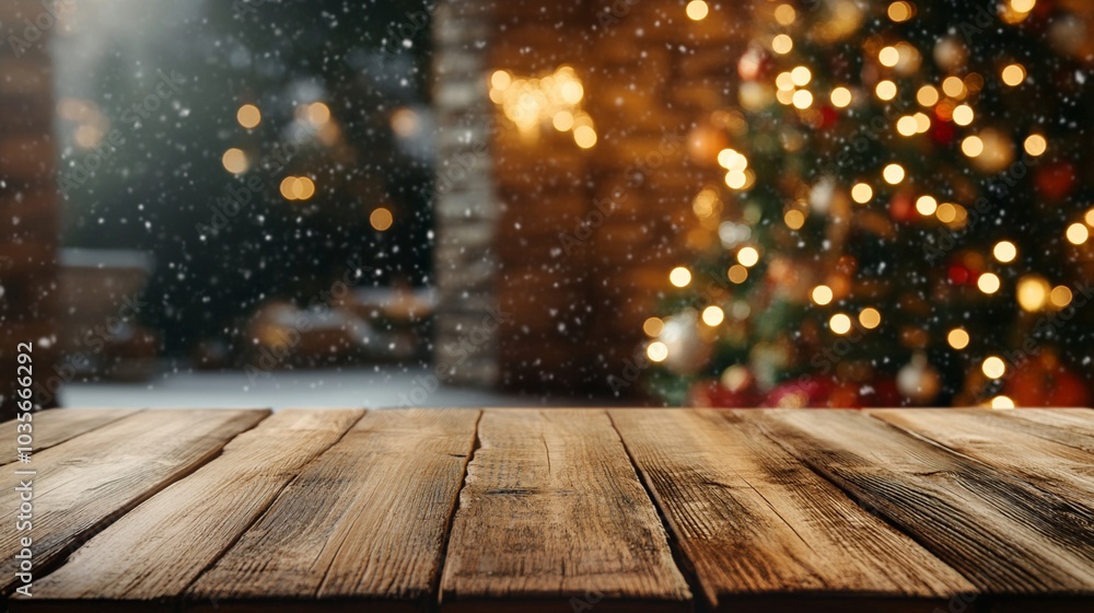 Rustic wooden table in foreground with blurred Christmas tree and warm lights in background, creating cozy holiday atmosphere as snow falls outside window. Rustic wooden table in foreground with blurred Christmas tree and warm lights in background, creating cozy holiday atmosphere as snow falls outside window.