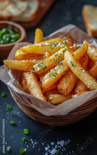 Freshly cooked golden fries served in a basket with garnishes and sides on a ...