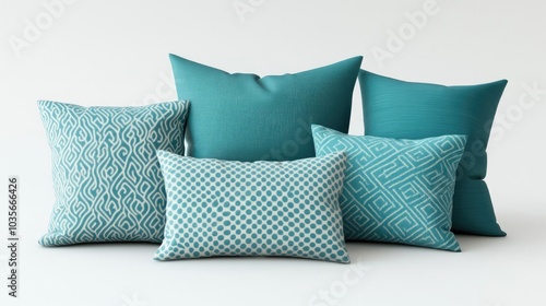 Cozy Arrangement of Teal Decorative Pillows on a Light Background Generative AI