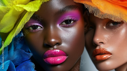Close-up beauty fashion: Runway makeup trends captured in vibrant colors and textures, blending high-fashion with avant-garde beauty