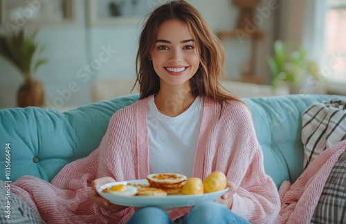 A woman enjoying a cozy evening at home with a plate of delicious food on the...