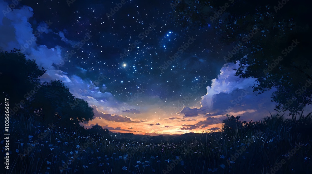 A 2D painted night sky with 3D stars twinkling above A 2D painted night sky with 3D stars twinkling above