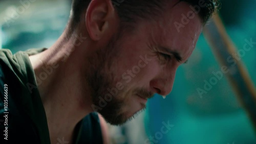 man's side portrait while he is working out and sweating with red face, against blur background