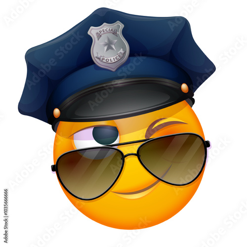 Police officer emoji on white background. Emoticon with police hat and sunglasses. Cute emoticon.