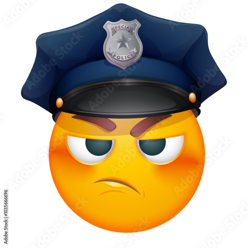 Police officer emoji on white background. Emoticon with police hat. Cute emoticon.