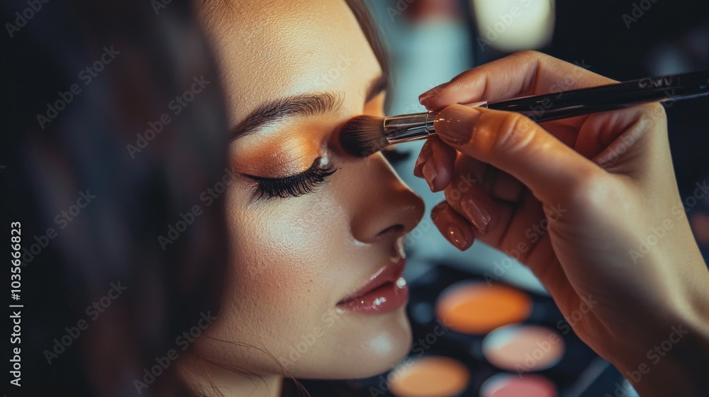 Obraz premium Close-up beauty industry: The hands of a makeup artist applying products on a model, capturing the essence of the fast-paced beauty industry in real-time