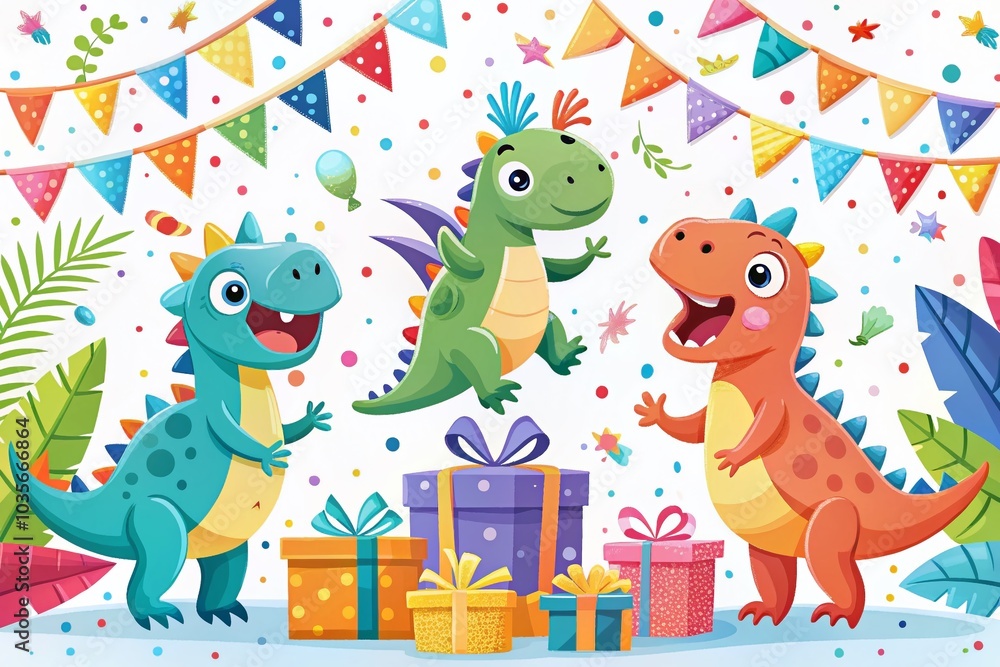 Naklejka premium Colorful Dinosaur Party Decorations for Baby Showers and Birthdays - Gift Boxes, Confetti, and Flags