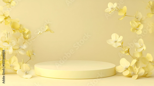 Presentation of product Yellow podium and beautiful jasmine flowers on beige background , Beautiful presentation for product ,Round podium and yellow roses on white table against light gray background