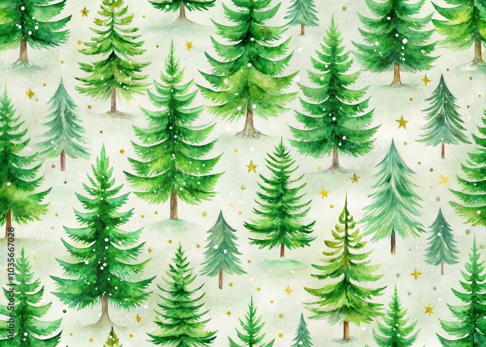 Obraz premium Watercolor Green Pine Trees Christmas Pattern for Festive Decor and Holiday Celebrations