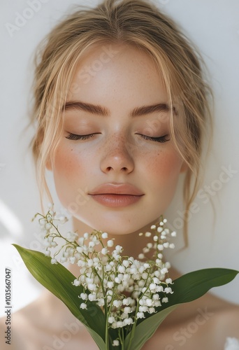 A serene portrait of a woman holding lily of the valley flowers against a neu...