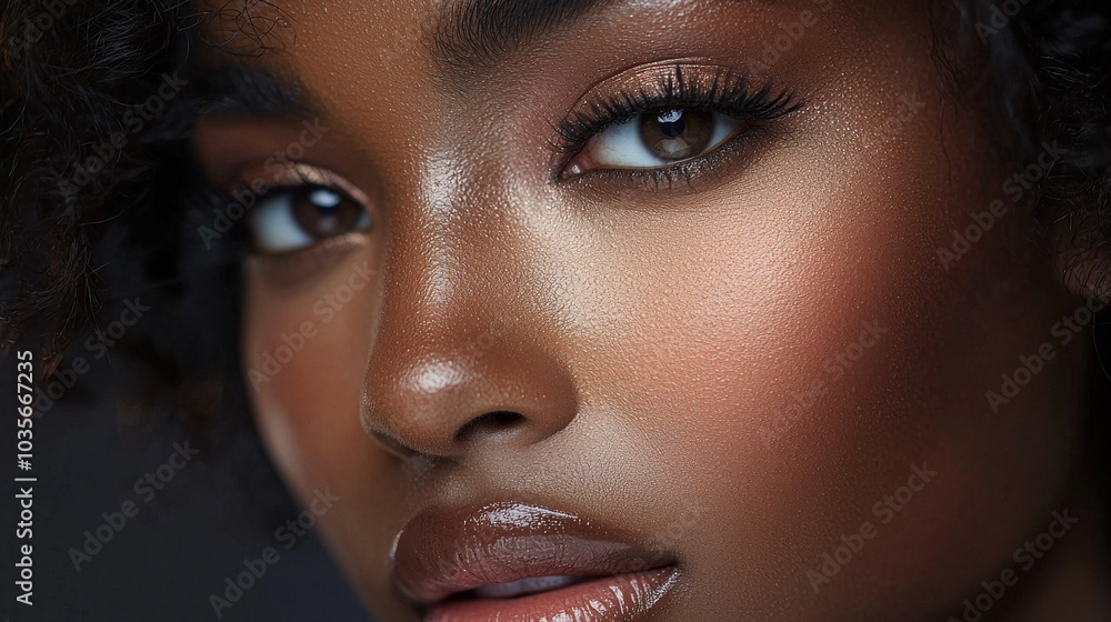 Close-up beauty photography: A detailed shot of a makeup look under professional studio lighting, capturing every nuance of the model features Close-up beauty photography: A detailed shot of a makeup look under professional studio lighting, capturing every nuance of the model features