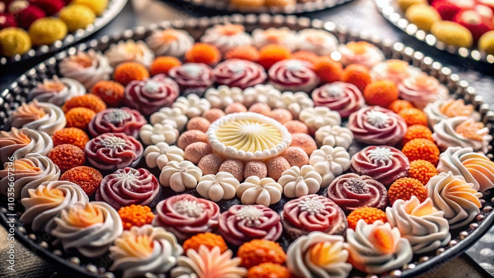 Colorful Flower-Shaped Sweets in Intricate Circular Arrangement for Fashion Photography Colorful Flower-Shaped Sweets in Intricate Circular Arrangement for Fashion Photography
