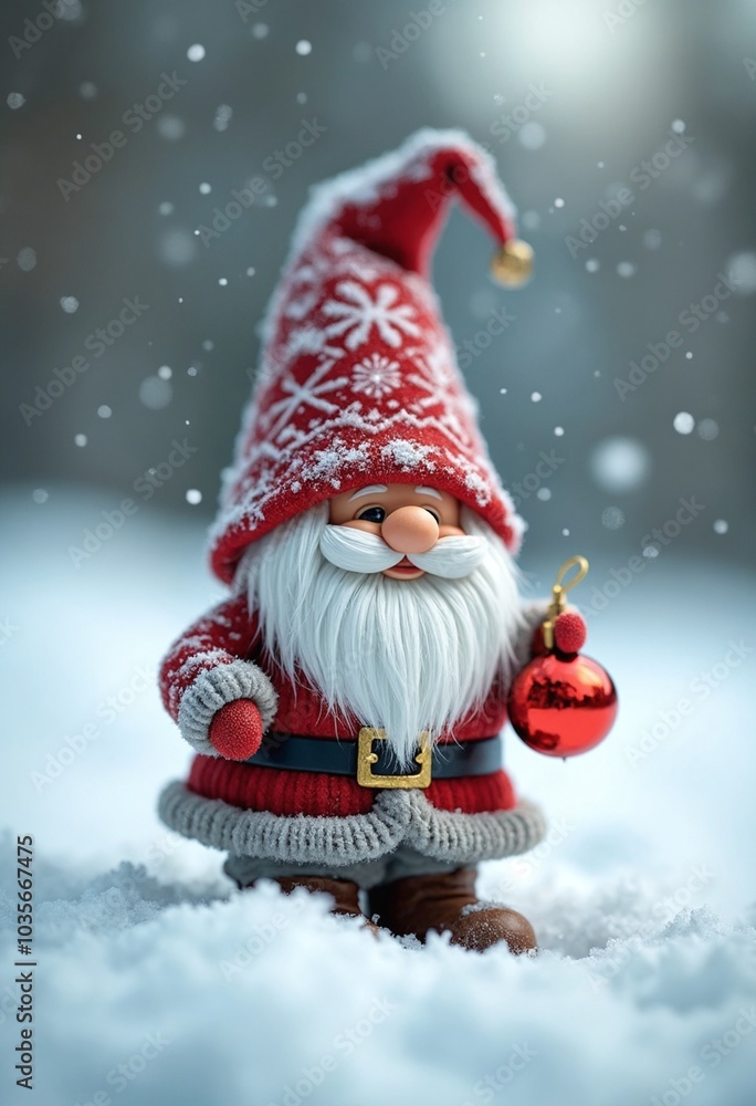 A little gnome with a Christmas ornament in the snow A little gnome with a Christmas ornament in the snow