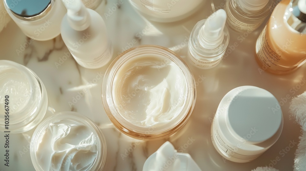 Close-up beauty routine: A detailed shot of a skincare routine, with cleansers, toners, and creams being applied in sequence for a glowing complexion Close-up beauty routine: A detailed shot of a skincare routine, with cleansers, toners, and creams being applied in sequence for a glowing complexion
