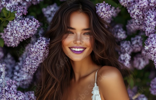 A young woman smiles joyfully among vibrant lilac blossoms in a sunny garden ...