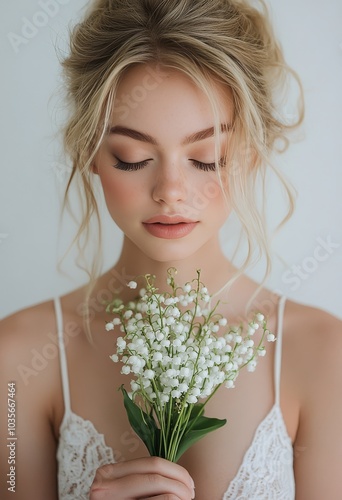 A serene portrait of a woman holding lily of the valley flowers against a neu...