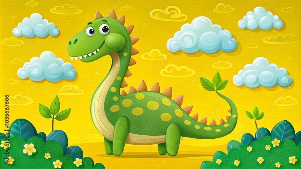 Obraz premium Colorful Green and Yellow Dinosaur Cartoon for Kids with Number Two